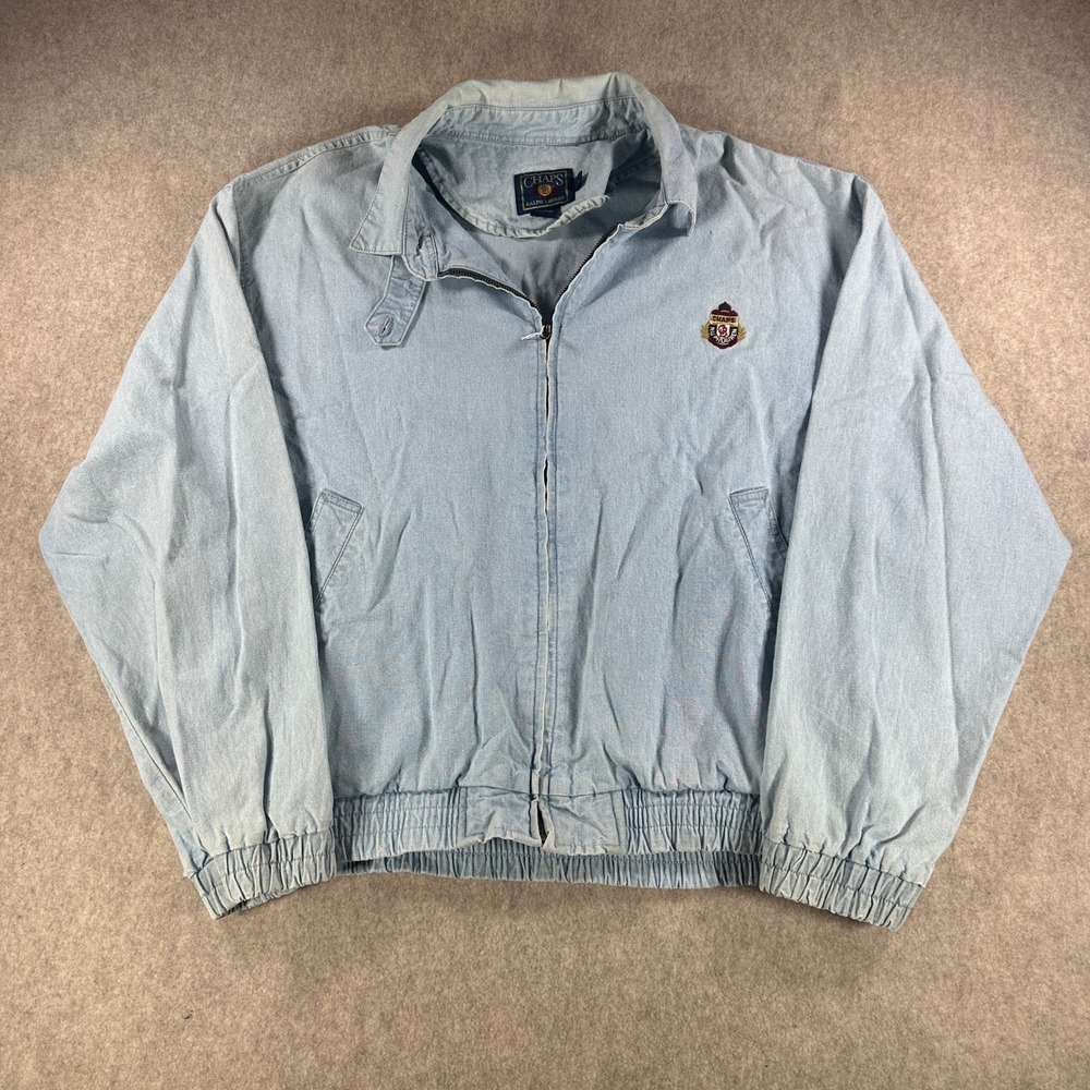 Vintage 90s Chaps Ralph Lauren Mens Denim Harrington Jacket Crest Size Large